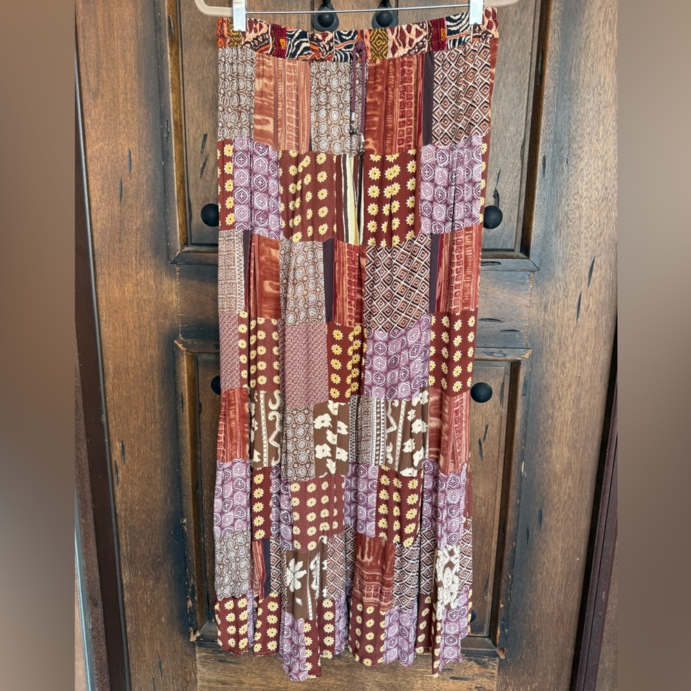Patchwork Midi Skirt in Red and Brown
